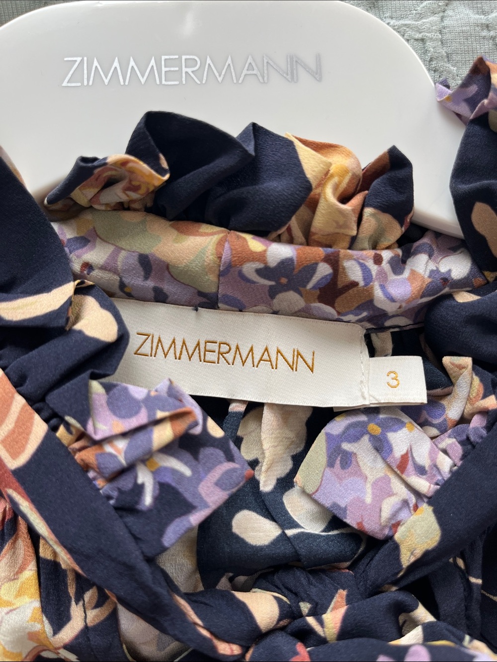 Zimmermann Navy Floral Ruffled Tie-Neck Midi Dress Silk SZ 3 - Picture 4 of 5